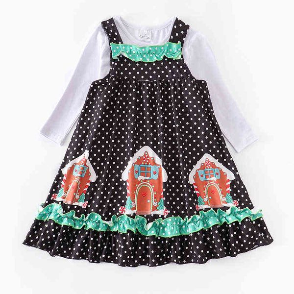 Girlymax 2 Farben Weihnachten 2 Stück T-Shirt Kleid Baby Mädchen Lebkuchen Haus Polka Dots Kleid Kinder Kleidung Rüschen G1218