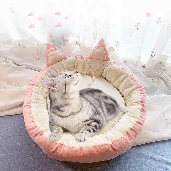 

cat beds & furniture ins pet dog bed winter warm washable kitty sleeping house cute ears cats round nest puppy cushion supplies