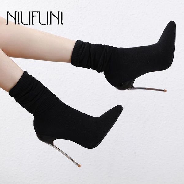 

boots stiletto high heels pointed toe slim stretch cloth women's size 42 black gladiator socks knitted slip-on botas mujer