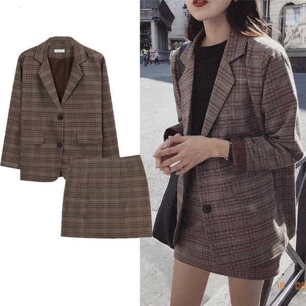 

two piece dress women two piece outfits spring autumn korean clothes fashion office wear loose casual plaid coat blazer and skirt sets1 eljm, White