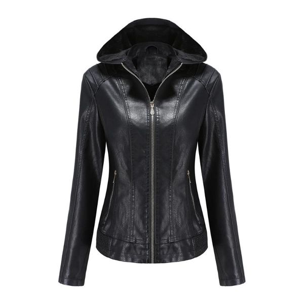 

women's leather & faux 6634 autumn winter women pu jacket detachable hooded motorcycle biker hip hop punk fashion zipper fleece keep wa, Black