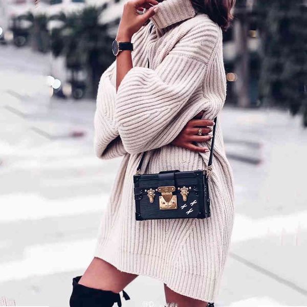 

turtleneck knitted sweater dress women autumn winter vintage lantern sleeve dress casual oversized black dress 210415, Black;gray