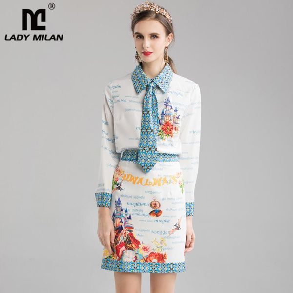 

two piece dress women's runway twinsets turn down collar long sleeves printed sash shirt with pencil skirt set, White