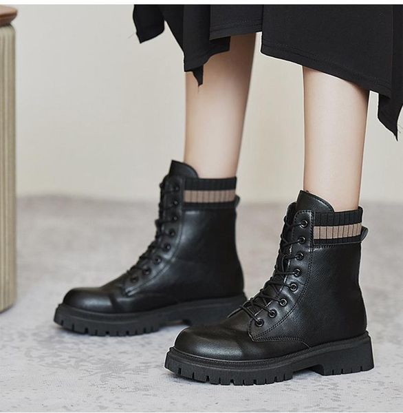 

boots casual shoes ladies lace up brand women winter patchwork round toe ankle female footwear feminina, Black