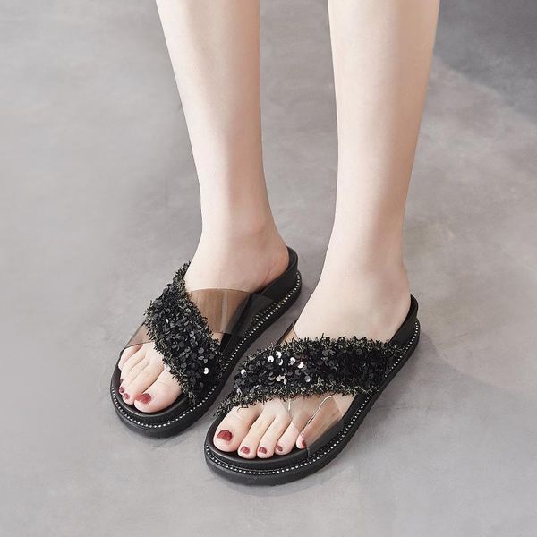 

slippers 2021 women shoes summer beach sandals fashion bling silders bohemian flip flops, Black