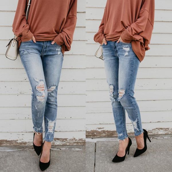 

women's jeans european and american fashion casual temperament was thin, high holes waist super stretch plus size, Blue