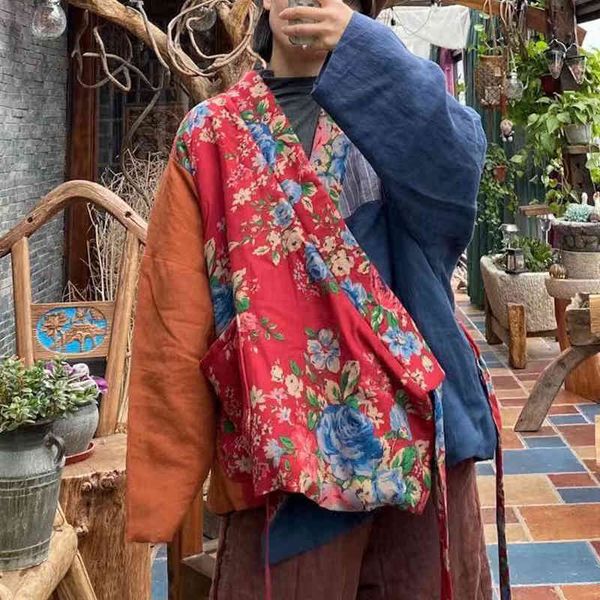 

johnature women warm cotton patchwork coat print flower parkas v-neck winter loose retro women vintage parkas 210521, Black
