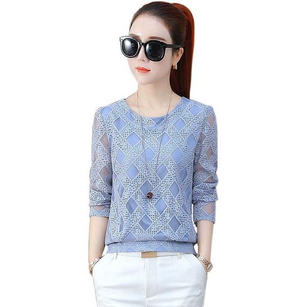 

women blouses spring autumn style lace shirts lady casual long sleeve o neck plaid printed blusas df2882, White