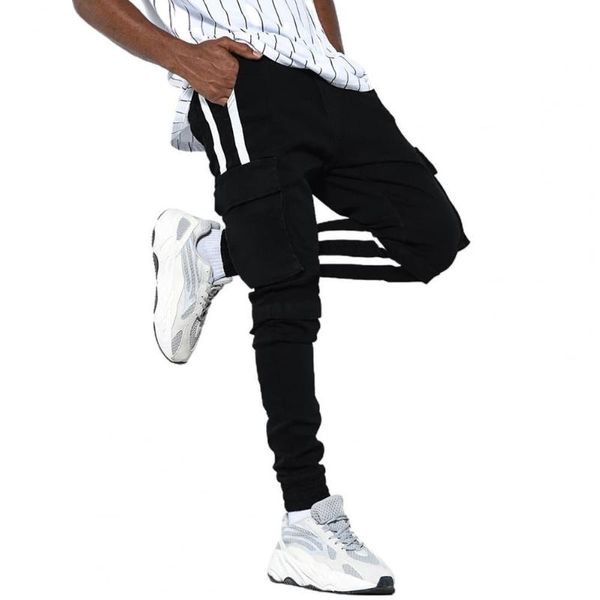 

fashion men's sports running pants joggers stripes patchwork ankle tied cargo long trousers casual clothing, Black