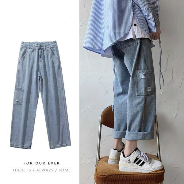 

men's jeans tooling washed fashion trendy brand straight loose oversized pants retro autumn wide leg, Blue
