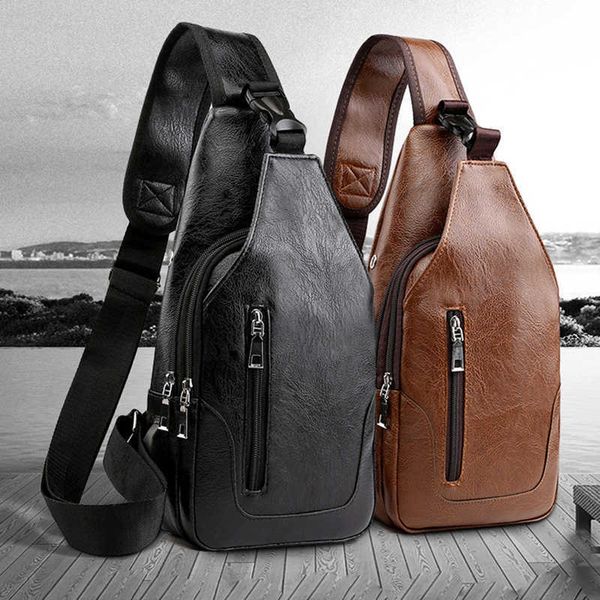 Marca Messenger Bag Homens de couro Bolsa de peito Vintage Crossbody Bolsa de ombro dos homens Sling Sacos Male Casual Pacotes Pacote 210708