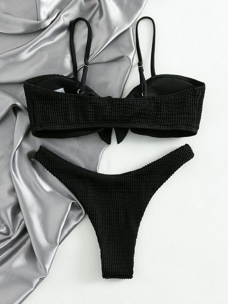 

women's swimwear textured knot bikini swimsuit, White;black