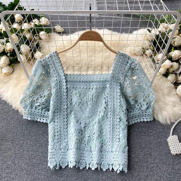 

women's blouses & shirts 2021 summer wild blouse square collar lace age-reducing bubble sleeve blusa hollow slim short shirt dk687, White