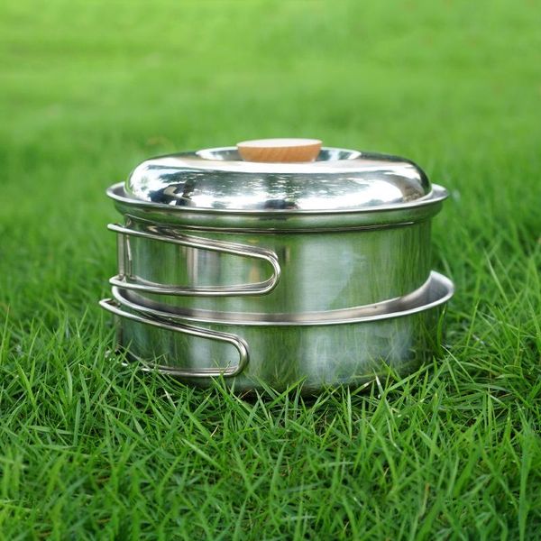 

camp kitchen outdoor mountaineering stainless steel folding handle pot camping portable frying pan soup home picnic set