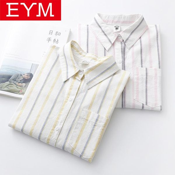 

women's blouses & shirts eym brand women striped blouse 2021 spring loose fresh long sleeve office simple casual lady blusas, White