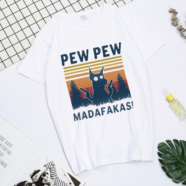 

women's t-shirt oversized pew madafakas murderous black cat with gun funny print women harajuku halloween femme tshirt tee women', White