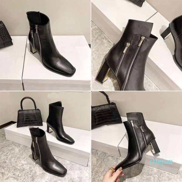 

designer- women's short boots, unique square toe design, double zipper bootss, electroplating combination 6.5cm thick heel high heels, Black