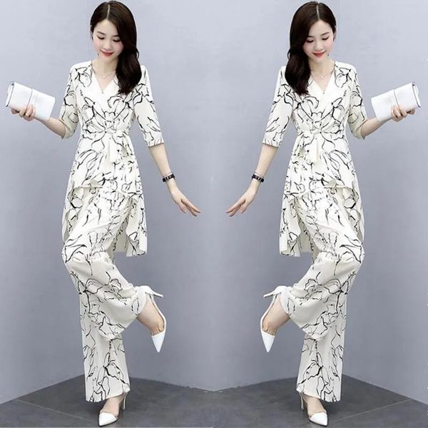 

women's two piece pants oversize women summer clothing set fashion high waist wide leg & irregular hem pieces suits good quality, White