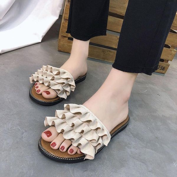 

slippers women flat woman shoes beach slip on slides flip flops sandals female ladies ruffles fashion spring outside, Black