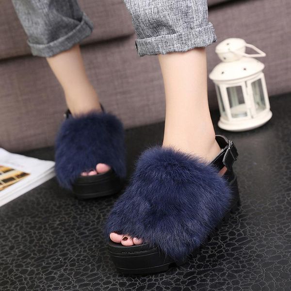 

winter autumn outside fur creepers casual slippers platform shoes woman slip on slides female fashion soft flats sandals size 8, Black