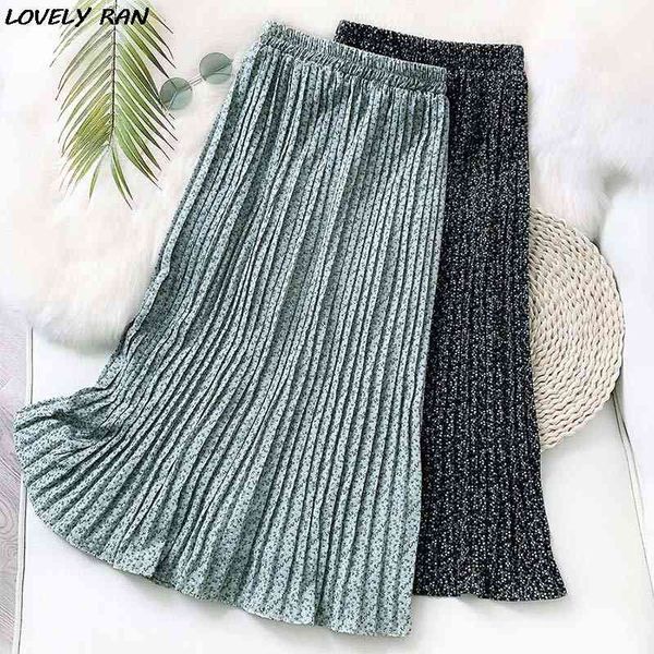 

skirts printed flower a-line women's midi pleated high waist female chiffon spring summer sweet korean lady bottom qqlz, Black