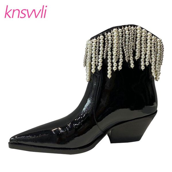 

boots runway string bead ankle women pointed toe western designer brand short pearl fringe chunky heels shoes, Black