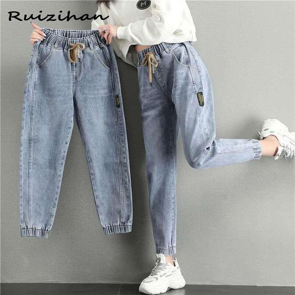 

women's jeans ruizihan 2021 capris small size loose and thin harem pants elastic waist leggings high daddy, Blue