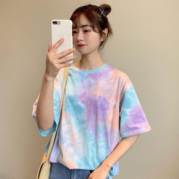 

tie dye gradient loose fashion women hip hop oversized short sleeve, White