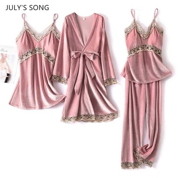 

july's song women velvet 4 pieces pajamas sets sling lace sleepwear winter autumn pyjama with chest pad wine red robe 211116, Black;red