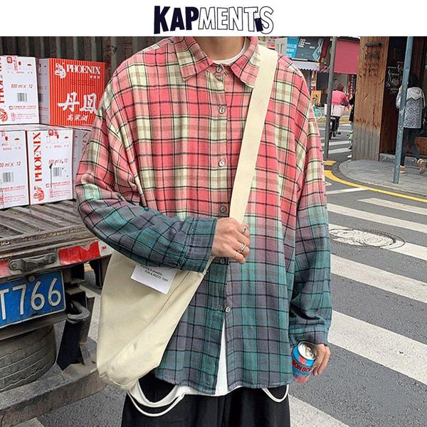 

men harajuku plaid gradient shirt long sleeve 2021 male japan style streetwear loose shirts oversize hip hop men's casual, White;black
