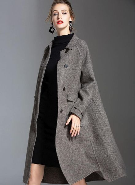 

women's wool & blends 2021 winter a word version big pendulum pattern long section lapel double-faced coat female gray, Black
