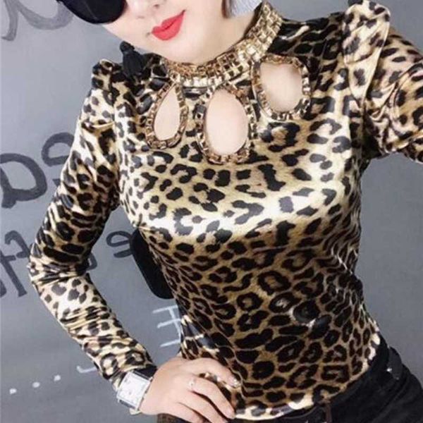 

spring long sleeve stand collar diamond leopard blouse women hollow out leopard pullovers leapard 210601, White