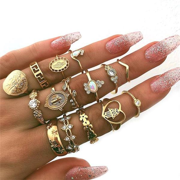 

wedding rings 15 pcs/set women fashion hearts fatima hands virgin mary cross leaf hollow geometric crystal ring set jewelry, Slivery;golden