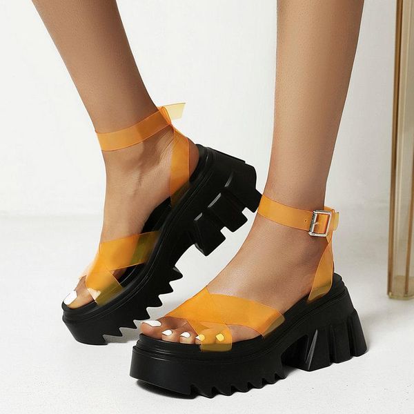

big size women sandals fashion transparent thick high heel summer open toe buckle platform party lady shoes, Black
