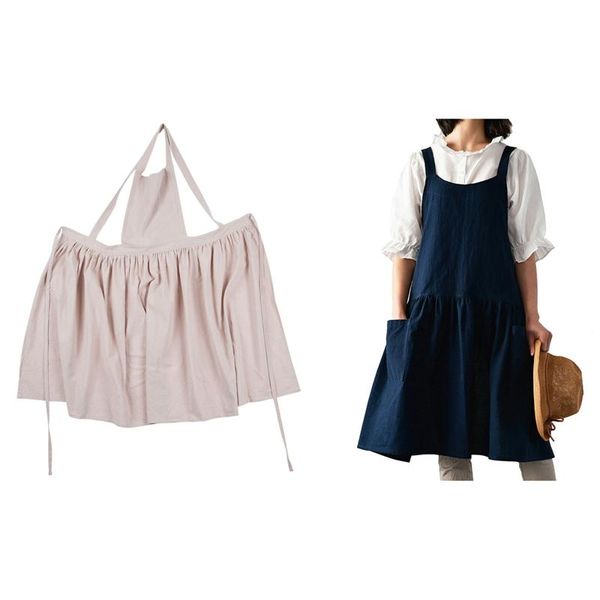 

-2 pcs washable cotton linen kitchen apron for woman lady's cooking, oat color & dark blue aprons