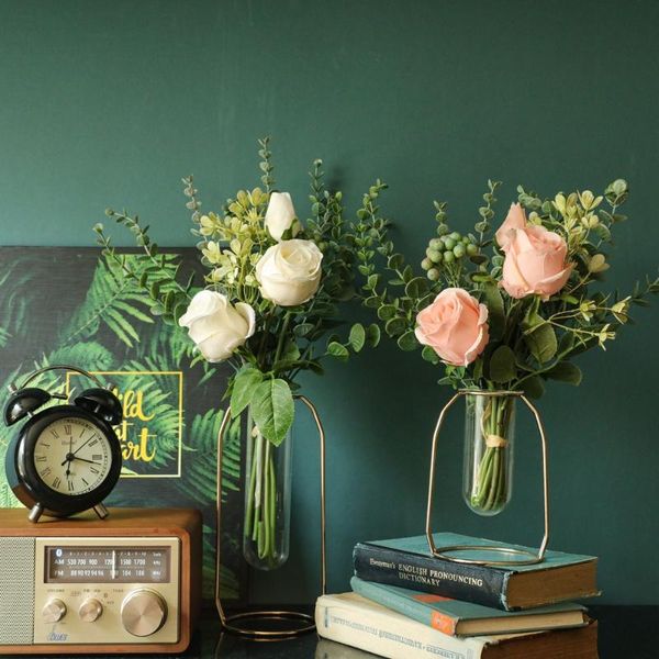 

artificial roses flowers 2 heads 1 bud leaves fruit branch silk flower vase wedding bridal bouquet home garden decoration decorative & wreat
