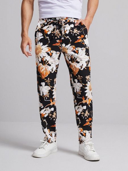 

men floral print belted pants t6tw#, Black