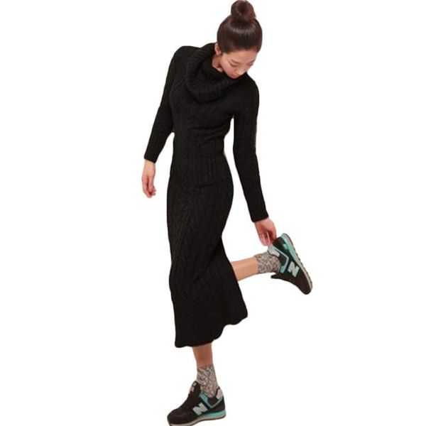 

casual dresses 2021 winter europe women dress thick warm turtleneck knit pullover sweater maxi dx200, Black;gray