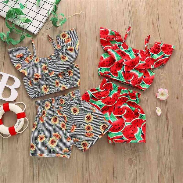 

2-6years girls summer cool suits, print sleeveless sling crop and short pants 2 pcs set, White