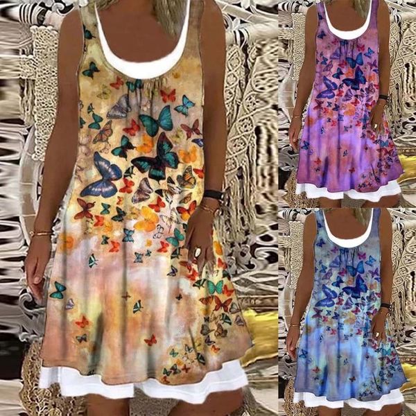 

casual dresses ruffle women spaghetti strap dress fake 2 piece sleeveless bohemian butterfly print flowy summer loose o neck d30, Black;gray