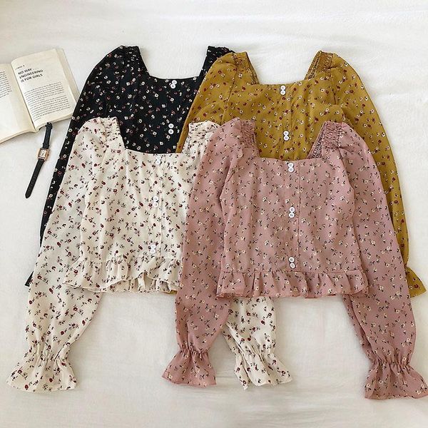 

women's blouses & shirts heliar flower printed long sleeve v-neck buttoned up square neck blouse 2021 spring for women fashion, White