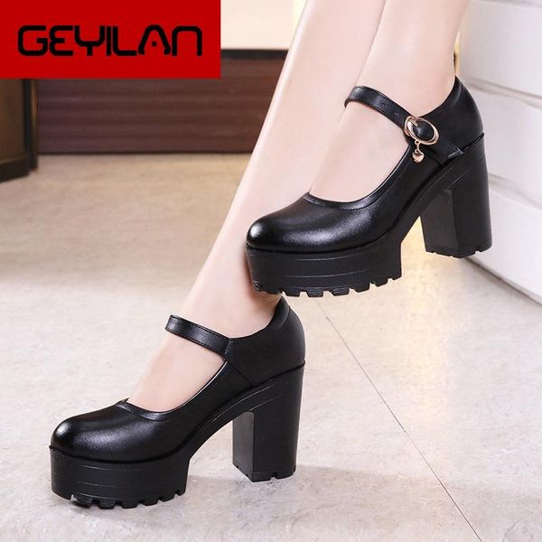 

dress shoes spring round head leather platform thick with bottom women's shallow mouth large size high-heeled ujy7, Black