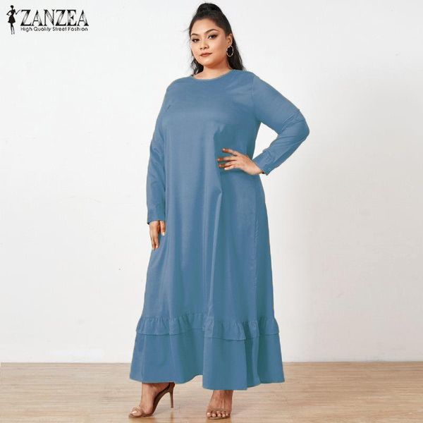 

plus size dresses zanzea women ruffles dress autumn o neck long sleeve solid loose sundress casual kaftan vestidos robe femme 5xl, Black