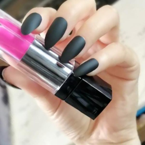 

24pcs stiletto matte false nails black impress fake short rounded frosted acrylic press on fingernails for girls1, Red;gold