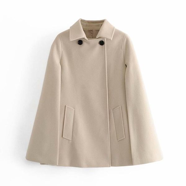 

women's wool & blends fall 2021 women's oversized turn down collar casual short woolen cloak coat jacket ladies solid color all mat, Black