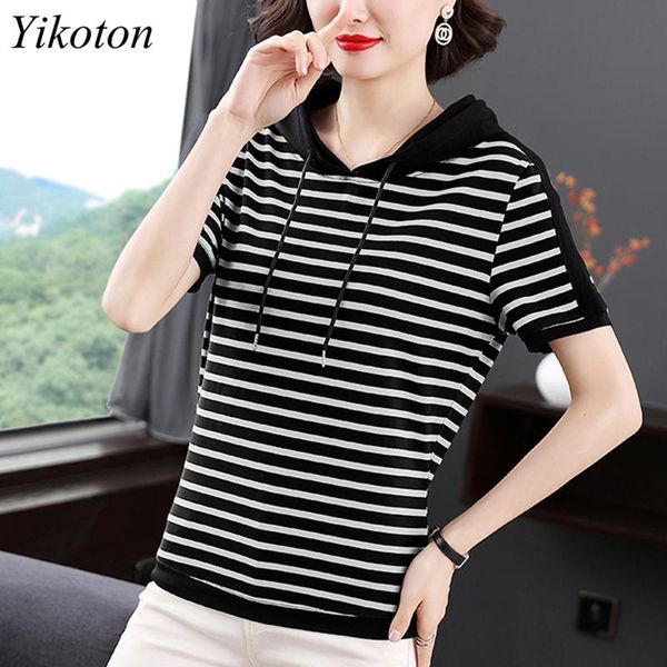 

women's t-shirt fashion ladies t-shirts 100% cotton women short sleeve hooded drawstring striped plus size 4xl loose casual t shirts fe, White