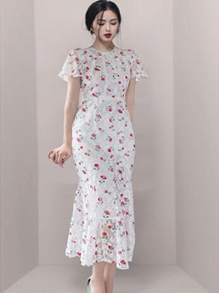 

casual dresses summer woman lace fashion short sleeve cherry print o-neck sweet female elegant party classic vestidos qnfg, Black;gray