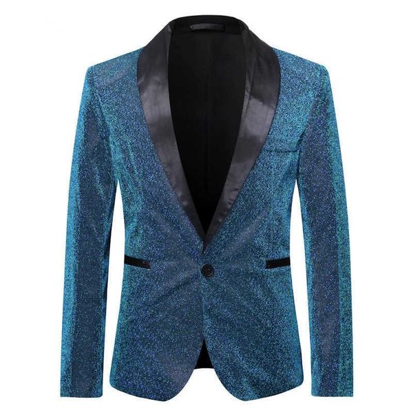 Moda uomo blu champagne oro giacca di seta giacca da sposa sposo ballo cantanti blazer slim fit cappotto casual abiti da palcoscenico X0909