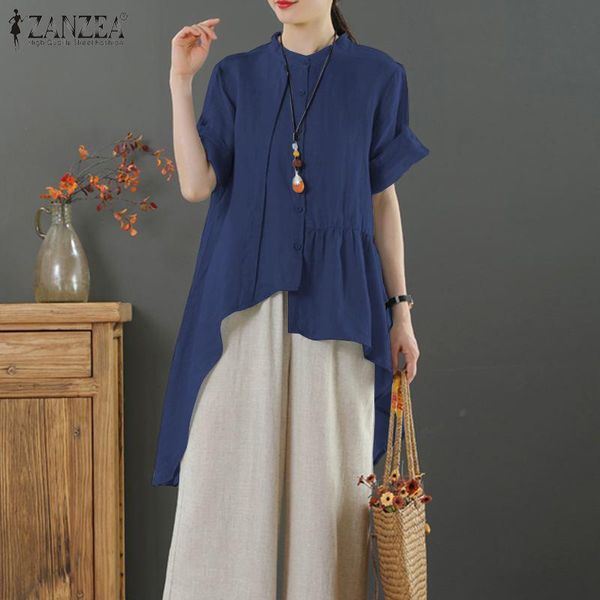 

women's blouses & shirts zanzea fashion casual solid pleated cotton linen summer high low women short sleeve blouse loose irregualr bl, White