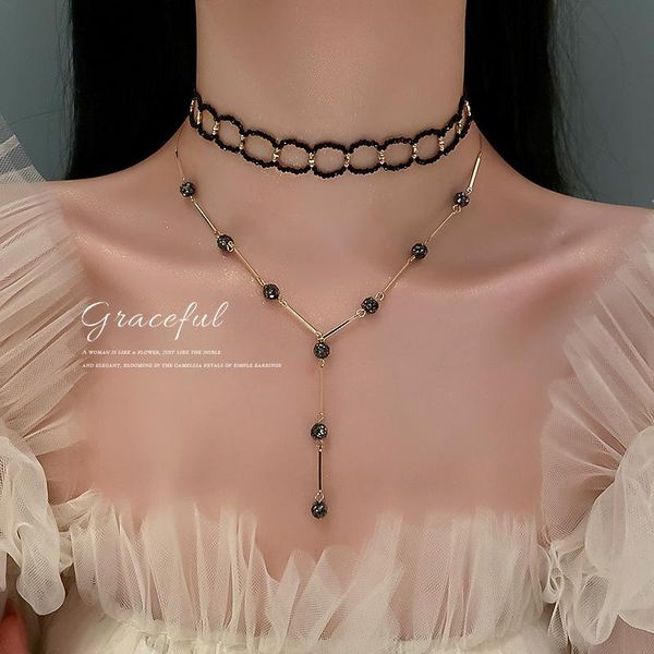 

chains korean dongdamen net red temperament design sense hip hop black rice bead necklace clavicle chain female, Silver